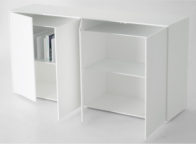 A minimalist white sideboard with two compartments and four doors open. The compartments are divided into shelves.